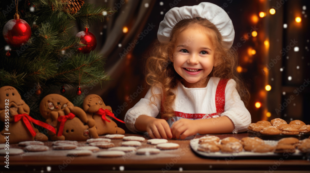 Little girl baking Christmas cookies at home. Made with AI generation Little girl baking Christmas cookies at home. Made with AI generation
