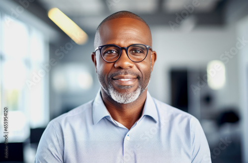 Close up portrait of a smiling african businessman standing outdoors in city. Generated with AI