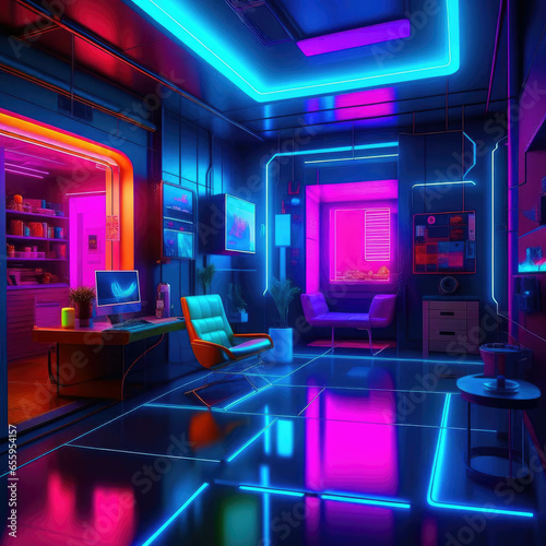 The interior of the room in the style of cyberpunk neon light.
