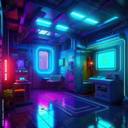 The interior of the room in the style of cyberpunk neon light.