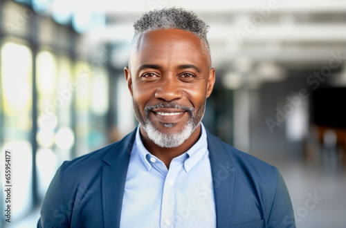 Close up portrait of a smiling african businessman standing outdoors in city. Generated with AI