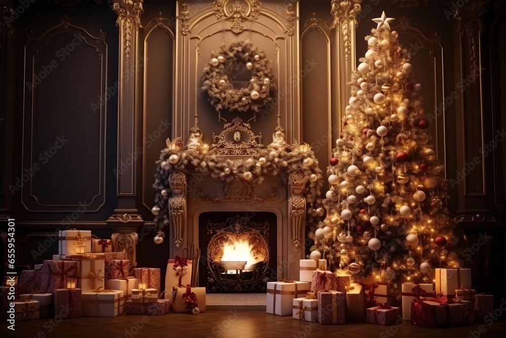 Fototapeta premium Christmas Interior. Magic glowing fireplace in the living room