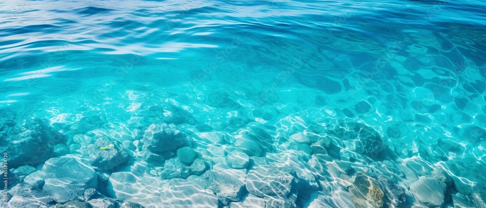 Closeup of Turquoise Blue Water Surface in a Mediterranean Lagoon Bay. Natural Environment and Background of Crystal Clear Ocean Water as a Swimming Pool