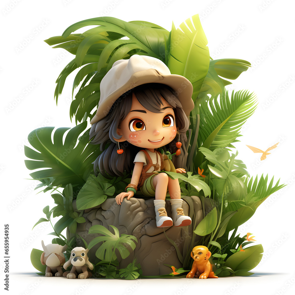 Cartoon 3d of a girl playing in the jungle isolated on white Cartoon 3d of a girl playing in the jungle isolated on white