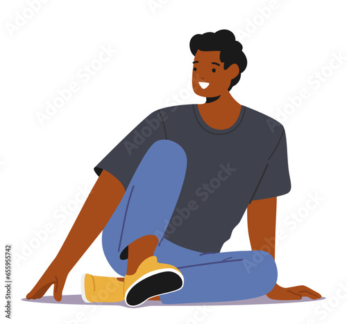 Cheerful African American Man Sits Comfortably On The Floor, His Face Adorned With A Warm Smile, Vector Illustration