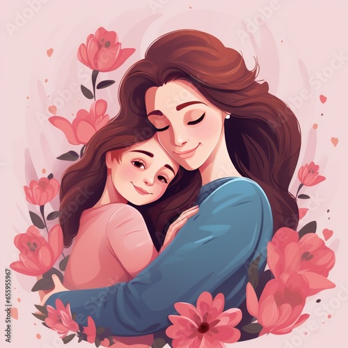 Happy Mother's Day greeting! A mother and daughter share a warm embrace, symbolizing the spirit of family holidays and togetherness. Vector illustration design.