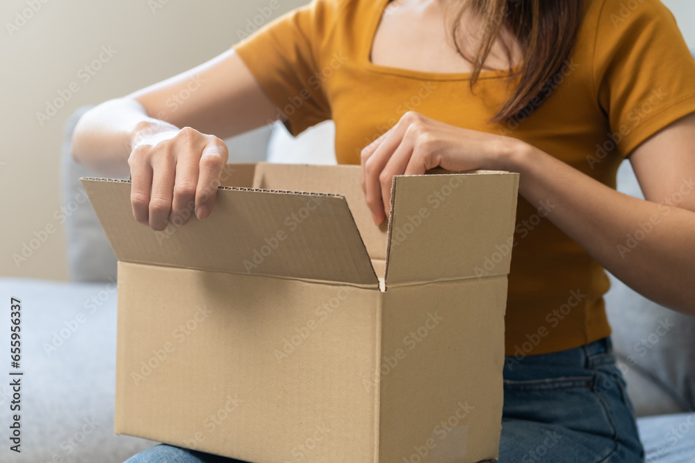 Happy excited, asian young woman, girl customer sitting on sofa at home, open and unpack cardboard box carton parcel after buy fashion clothes, ordering present and shopping online, delivery service. Happy excited, asian young woman, girl customer sitting on sofa at home, open and unpack cardboard box carton parcel after buy fashion clothes, ordering present and shopping online, delivery service.