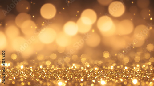 Glitter defocused abstract Twinkly Lights with golden dust and shine. Bright futuristic luxury for Christmas and party backdrop. Generative AI