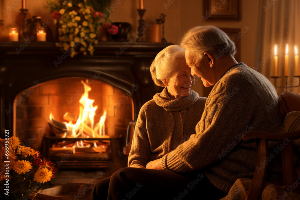 an elderly couple in love is sitting in front of a burning fireplace fireplace