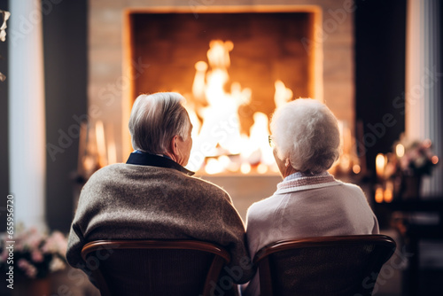 an elderly couple is sitting in front of a burning fireplace fireplace, and have a nice conversation