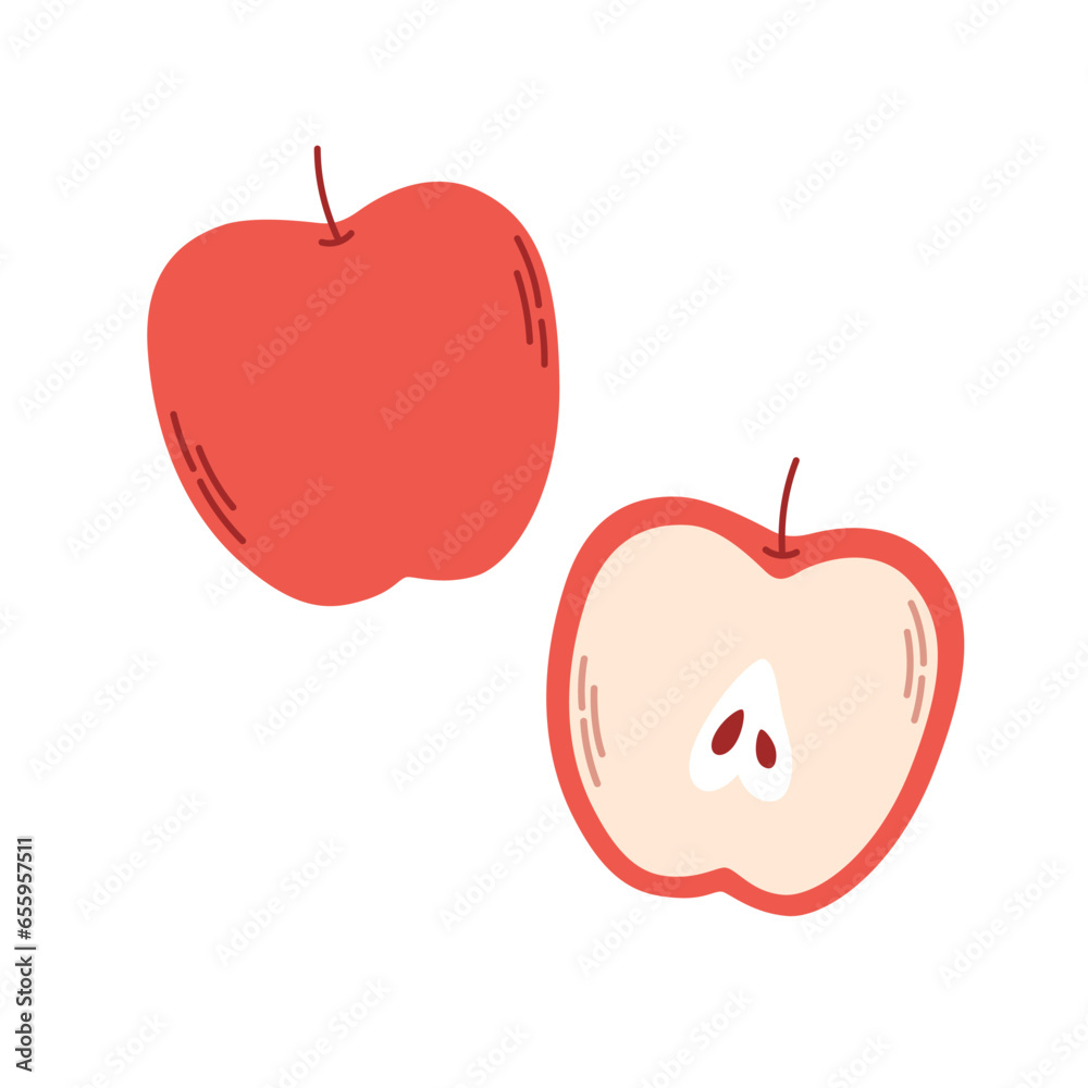 Obraz premium Fresh apple with half apple. Summer fruit. Healthy food. Vector illustration in flat style
