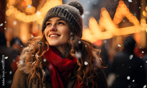 Young woman enjoying Christmas fest, winter season, snowy weather - Generative AI