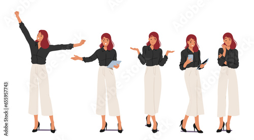 Business Woman Standing in Different Poses. Female Character in Formal Wear Raises Arms, Angry Boss with Laptop photo