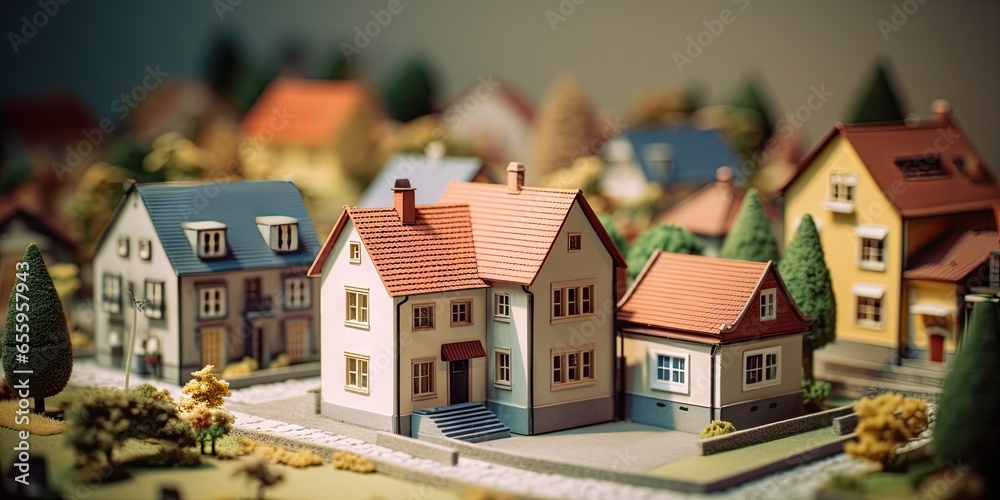 House model. Concept of living. Tiny home big dreams. Miniature housing in city. Modeling urban living. From real estate journey