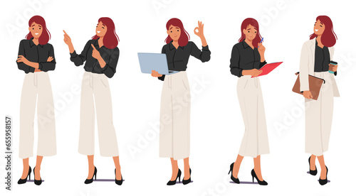 Business Woman Standing in Different Poses. Female Character in Smart Wear with Folded Arms, Pointing Gesture