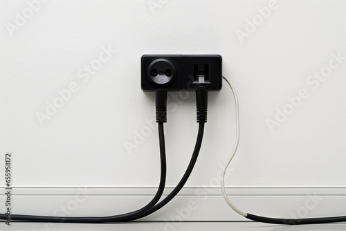 Black power cord cable plugged into european wall outlet on white plaster wall, Generative AI