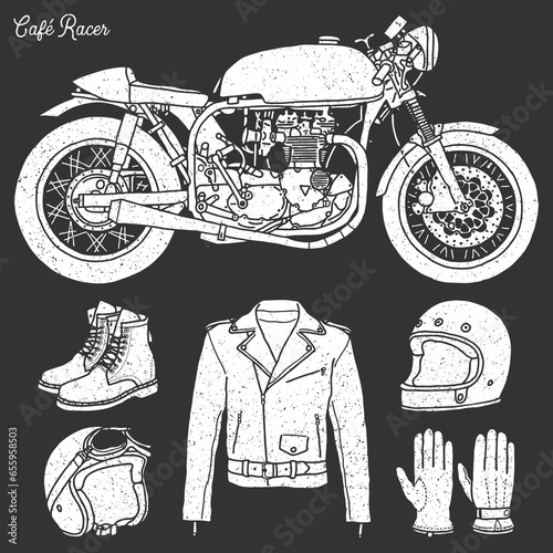 Cafe racer element set. Vintage hand drawn style.