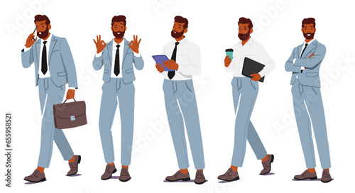 Business Man Standing In Different Poses. Male Character In Formal Suit Holding Briefcase, Coffee, And Tablet, Show Ok