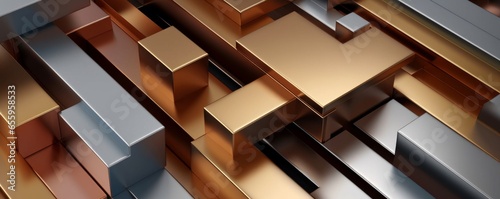 Aluminum, copper and brass mixed round and square profiles stack frame filling, construction or manufacturing materials concept, Generative AI photo