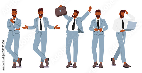 Business Man Standing In Different Poses. Male Character In Smart Wear Posing With Folded Arms, Showing Confusion