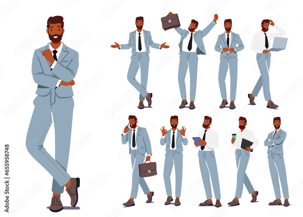 Businessman Character Poses Set. Collection Of Professional Postures For Confident Executives. Ideal For Presentations - obrazy, fototapety, plakaty 
