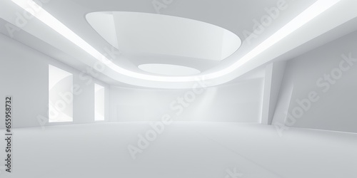 Empty white interior room with light from multiple ceiling openings, modern architecture or product presentation template background, Generative AI