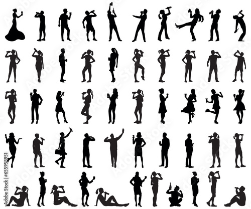 a collection of silhouette illustrations of men and women drinking while standing while carrying bottles of coffee and wine