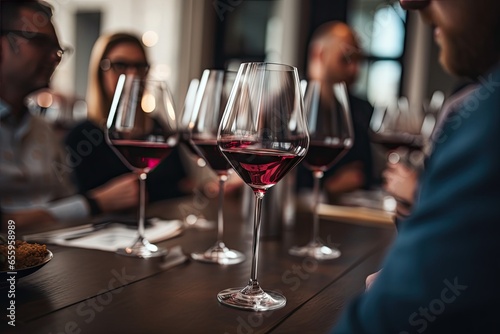 group of people and wine glasses seated at a table Generative AI