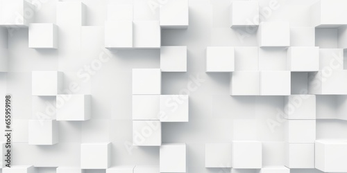 Random offset small white cubes, blocks or boxes background wallpaper banner with copy space, Generative AI