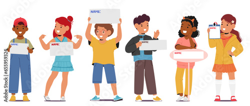 Young Children Characters Proudly Clutching Their Personalized Name Plates, Beaming With Excitement, Vector Illustration
