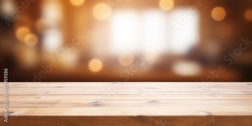 Empty wooden table top with out of focus lights bokeh rustic farmhouse kitchen background, Generative AI