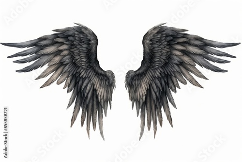 A pair of wings, like from a bird or angel, in a neat grunge artistic illustration style. Generative AI.
