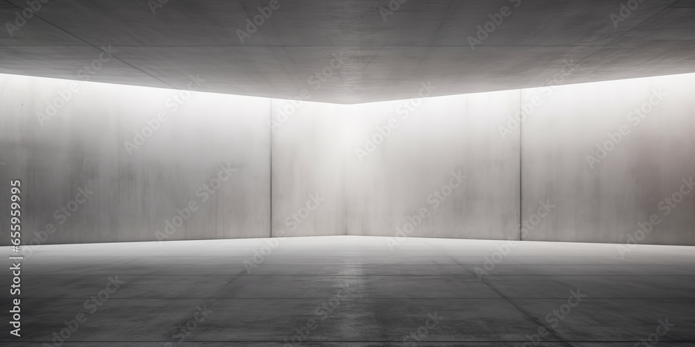 Abstract empty, modern concrete room with indirect lighting on diagonal back wall and rough floor - industrial interior background template, Generative AI - obrazy, fototapety, plakaty 
