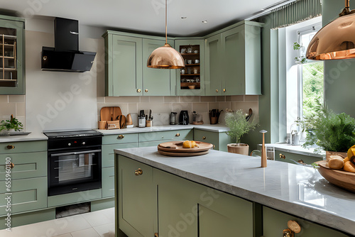 Kitchen decor, interior design and house improvement, bespoke sage green kitchen cabinets, hanging golden lamp and countertop