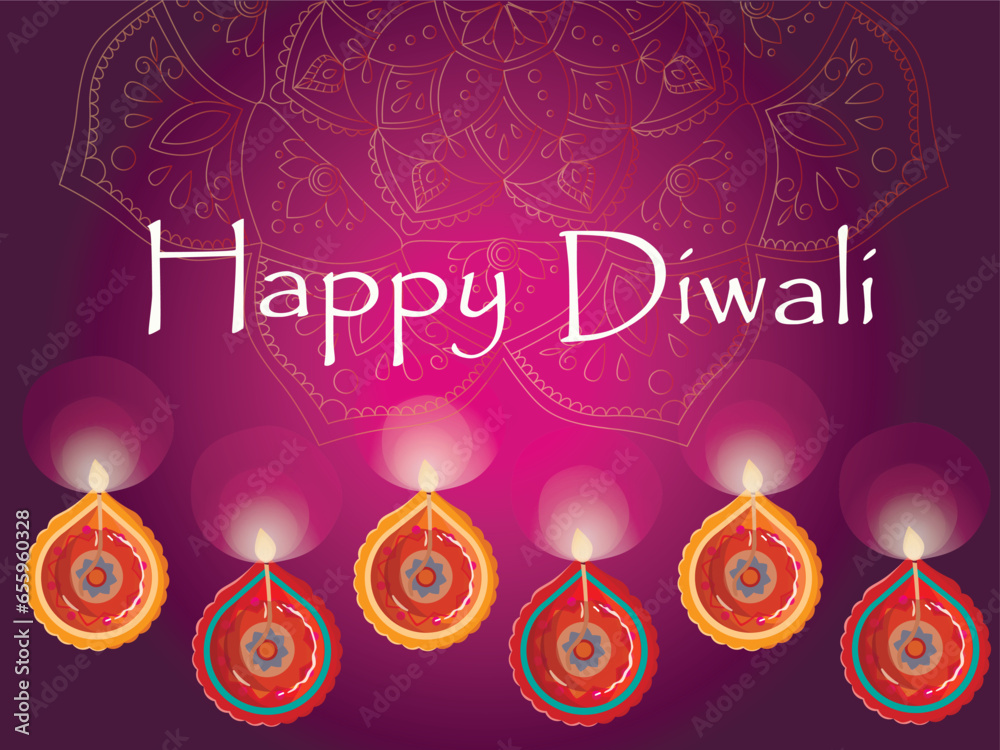 Naklejka premium Greeting card happy diwali Indian festival of lights with diya - traditional oil lamp and ornament of rangoli