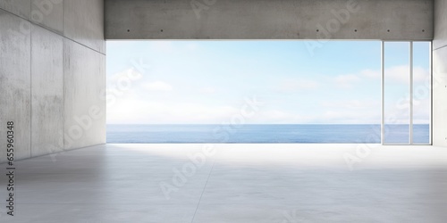 Abstract empty, modern concrete room with balcony opening with ocean view on the back wall and rough floor - industrial interior background template, Generative AI photo