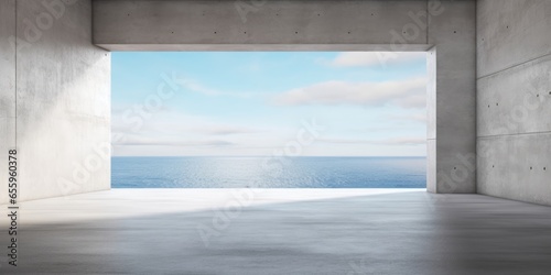 Abstract empty  modern concrete room with balcony opening with ocean view on the back wall and rough floor - industrial interior background template  Generative AI