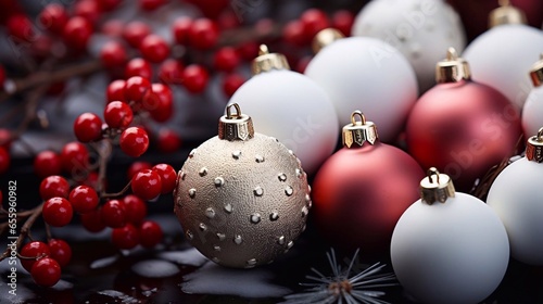 Close up Christmas balls decoration on dark background. AI generated