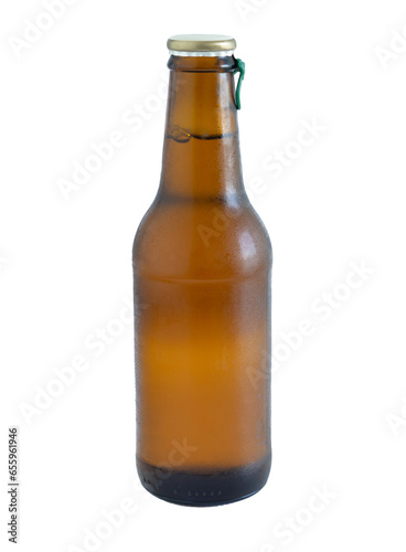 Beer bottle with closed cap. Transparent png.