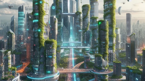 Eco-Cyberpunk Cityscape photo