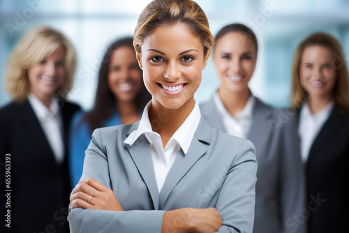 femme d'affaires dirigeante d'entreprise heureuse bras croisés devant un groupe de personnes à l'arrière plan