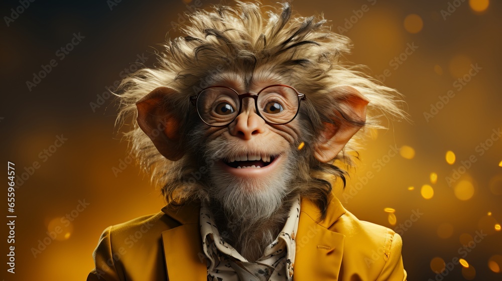 Cute monkey posing for the camera. Blurred background, animal with glasses, Banner with free space for copy space. Cute monkey posing for the camera. Blurred background, animal with glasses, Banner with free space for copy space.