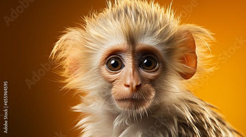 Cute monkey posing for the camera. Blurred background, animal with glasses, Banner with free space for copy space.