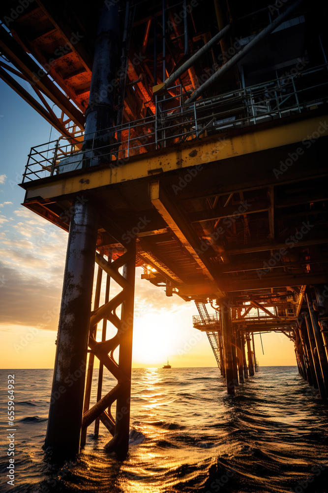 Oil rig in the sea at sunset, bottom view
