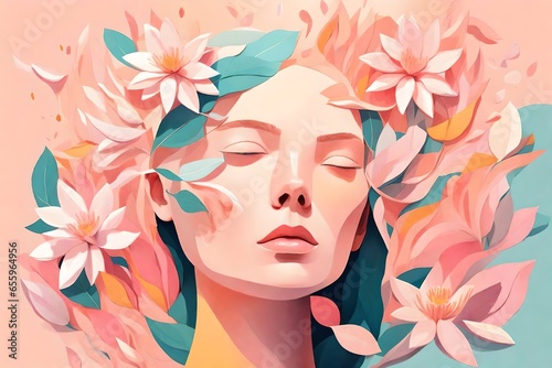   create a bright modern abstract flat 3d illustration with gouache shading in the style of Alex Kiesling for a magazine cover  a womans head surrounded by flowers  face immersed in petals