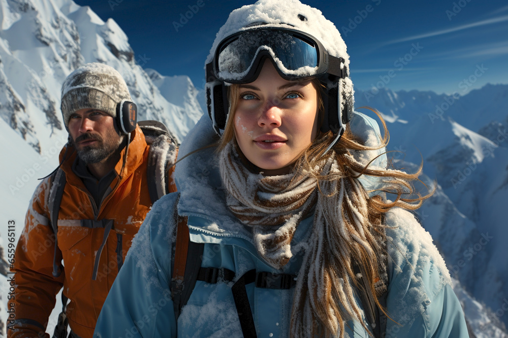 people skiing on mountains resort,spending winter holidays - obrazy, fototapety, plakaty 