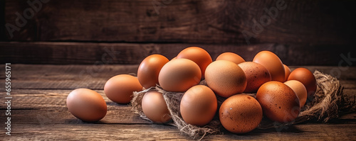 Chicken brown eggs on old wooden background
