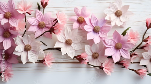 Crepe paper flowers on white wooden background