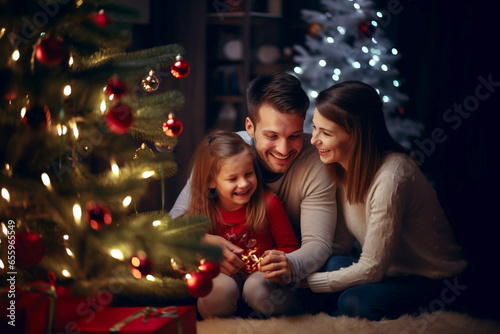 Happy family by the Christmas tree with neon lighting. Christmas or New Year mood. Banner.