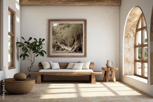 cozy boho entrance hall with light natural materials with modern art on the walls